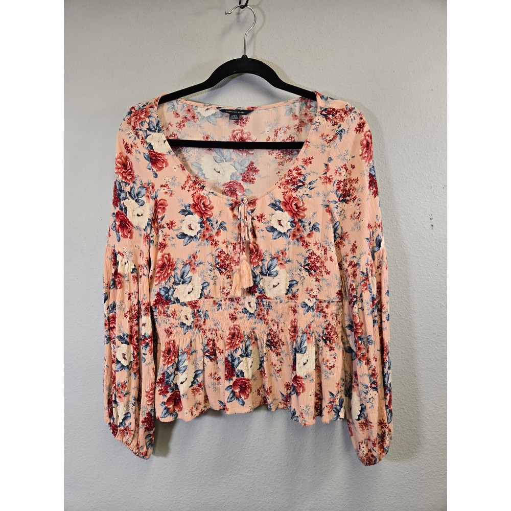 American Eagle Floral Boho Smocked Peasant Blouse Tassel Top Large